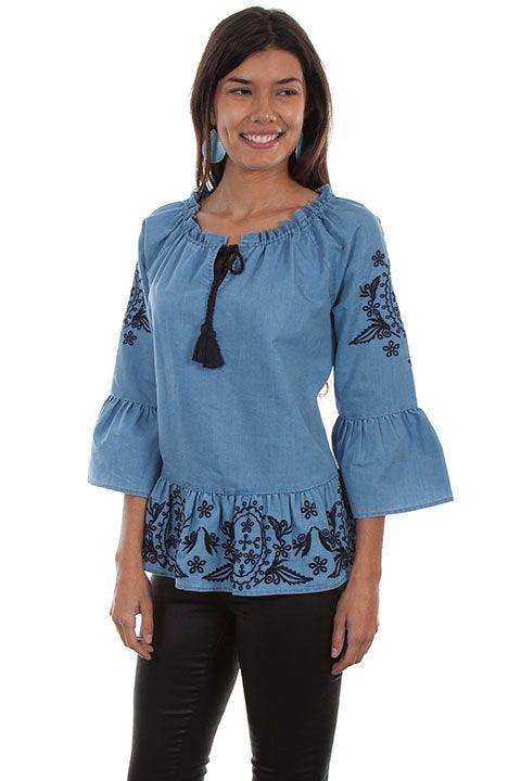 Scully DENIM PEPLUM BLOUSE W/TONAL EMB & TIE NECK - Scully Leather - Flyclothing LLC