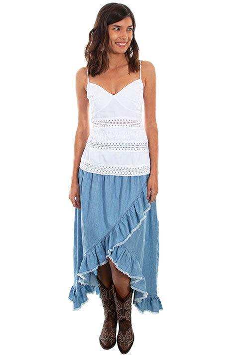 Scully LIGHT BLUE HI/LO RUFFLED DENIM SKIRT - Scully Leather - Flyclothing LLC