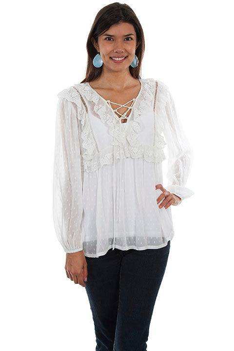 Scully IVORY SWISS DOT BLOUSE W/RUFFLE YOKE DETAI - Scully Leather - Flyclothing LLC