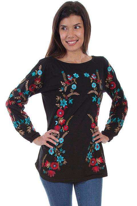Scully BLACK TUNIC W/FLORAL EMB SHIRT TAIL HEM - Scully Leather - Flyclothing LLC