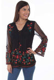 Scully BLACK EMB TUNIC W/CROSS TIES & SHEER SLVS - Scully Leather - Flyclothing LLC