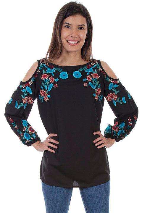 Scully BLACK COLD SHOULDER L/S TUNIC W/EMB. - Scully Leather - Flyclothing LLC