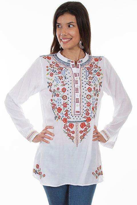 Scully WHITE L/S BLOUSE W/BUTTON UP BIB AND EMB. - Scully Leather - Flyclothing LLC