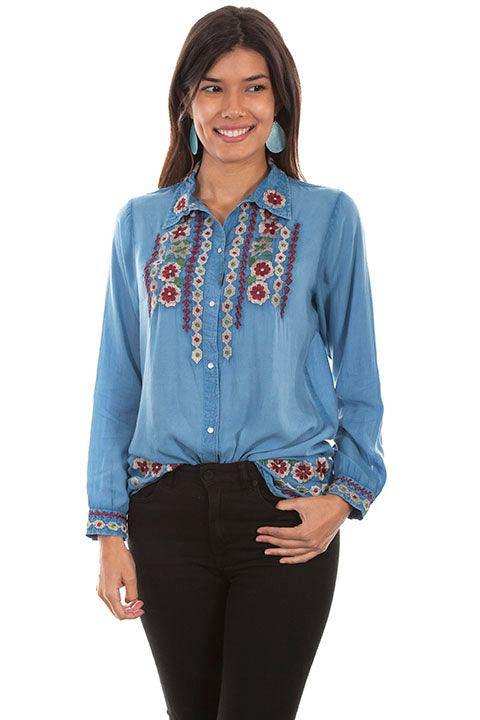 Scully AVALANCHE BLUE PEARL SNAP WESTERN YOKE EMB. BLOUSE - Scully Leather - Flyclothing LLC