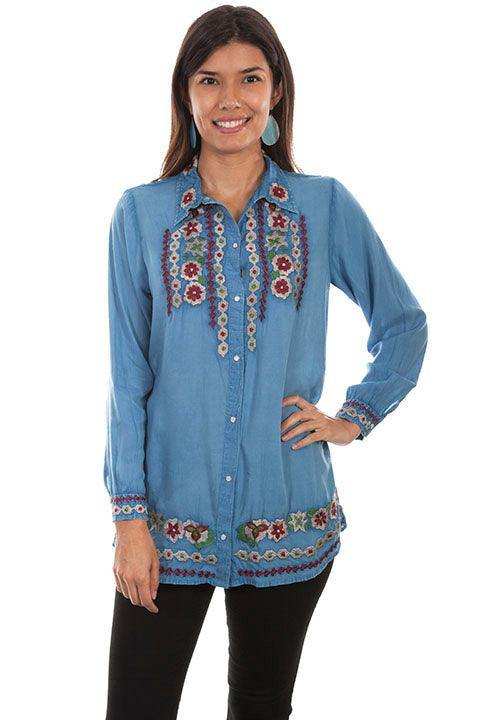 Scully AVALANCHE BLUE PEARL SNAP WESTERN YOKE EMB. BLOUSE - Scully Leather - Flyclothing LLC