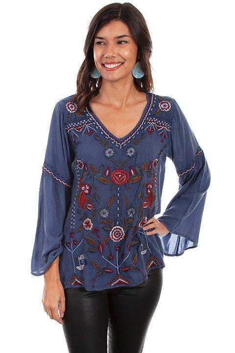 Scully VINTAGE STEEL BLUE EMB V-NECK W/BELL SLEEVES - Scully Leather - Flyclothing LLC