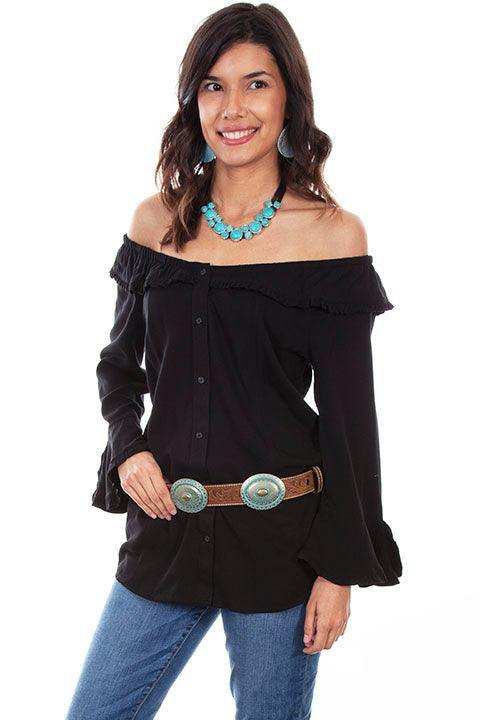 Scully BLACK RUFFLE OFF/ON SHOULDER BLOUSE - Scully Leather - Flyclothing LLC
