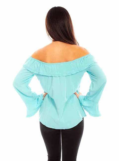 Scully Leather 100% Rayon Turquoise Ruffle Off/On Shoulder Blouse Shirt - Scully Leather - Flyclothing LLC