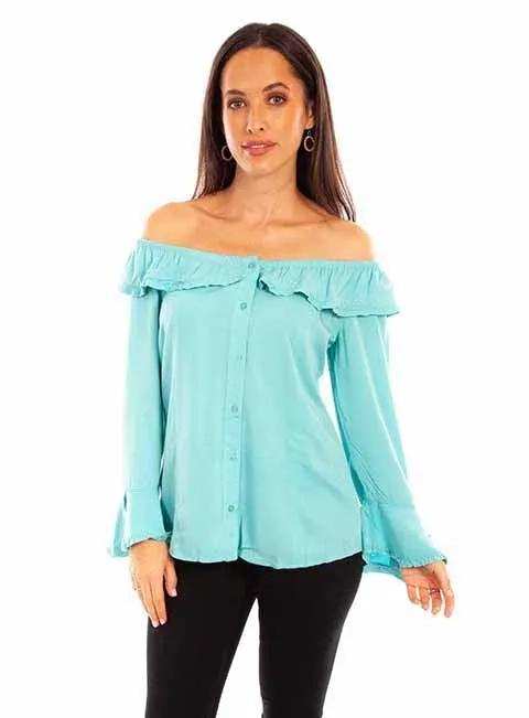 Scully Leather 100% Rayon Turquoise Ruffle Off/On Shoulder Blouse Shirt - Scully Leather - Flyclothing LLC