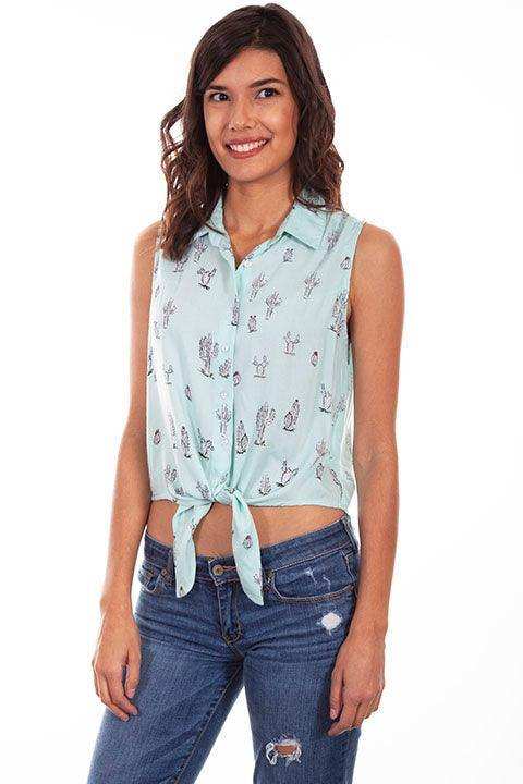 Scully MINT CACTUS PRINT SLVLS TIE FRONT BLOUSE - Scully Leather - Flyclothing LLC