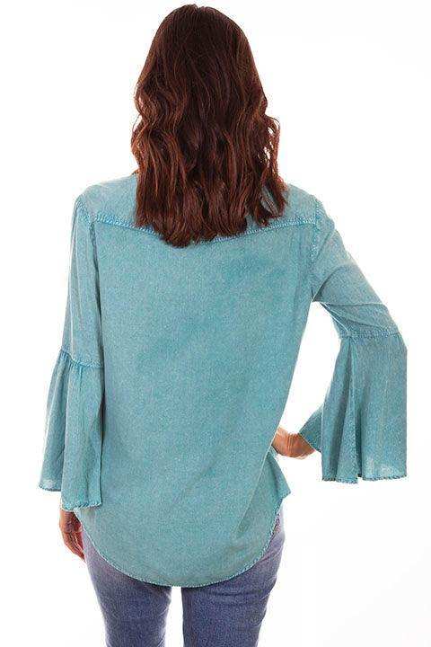 Scully TURQUOISE BELL SLEEVE BLOUSE W/IVORY EMB - Scully Leather - Flyclothing LLC