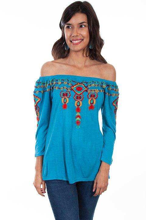 Scully TEAL 3/4 SLEEVE PEASANT TOP W/EMB. - Scully Leather - Flyclothing LLC