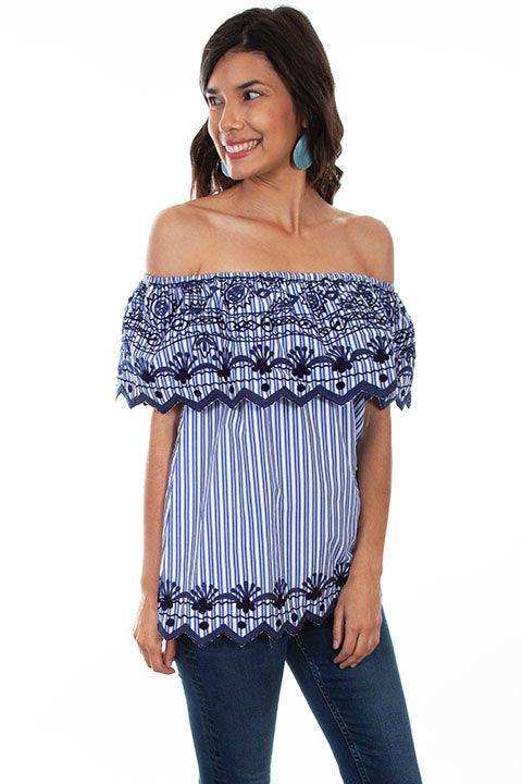 Scully NAVY STRIPE/EMB RUFFLE BLOUSE - Scully Leather - Flyclothing LLC