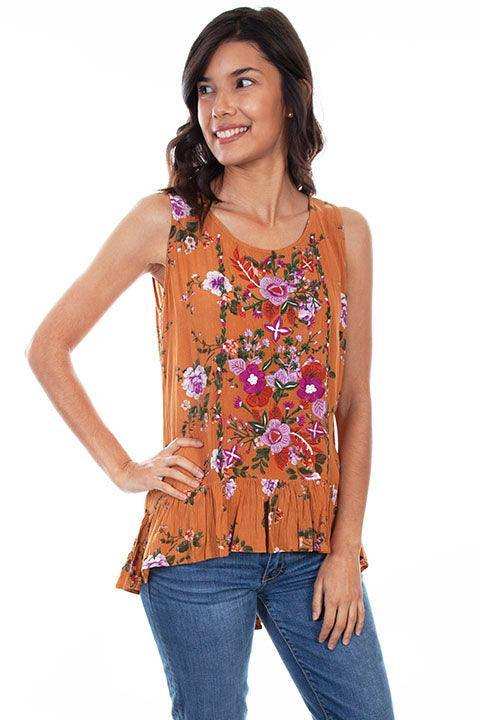 Scully MUSTARD SLVLESS SCOOP NECK BLOUSE FLORAL EMB - Scully Leather - Flyclothing LLC