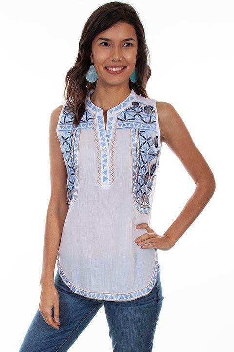 Scully WHITE SLVLESS SPLIT NECK BLOUSE W/EMB. - Scully Leather - Flyclothing LLC