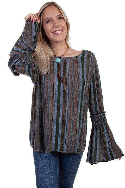 Scully DARK BLUE BRAIDED BELL SLV TIE BACK BLOUSE - Scully Leather - Flyclothing LLC