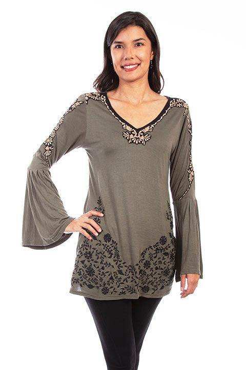 Scully OLIVE APPLIQUE EMB. V-NECK TUNIC BELL SLV - Scully Leather - Flyclothing LLC