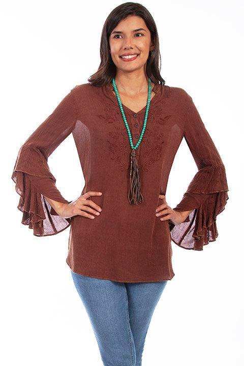 Scully WALNUT VNECK BLOUSE W/RUFFLE SLEEVES/EMB. - Scully Leather - Flyclothing LLC