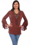 Scully WALNUT VNECK BLOUSE W/RUFFLE SLEEVES/EMB. - Scully Leather - Flyclothing LLC