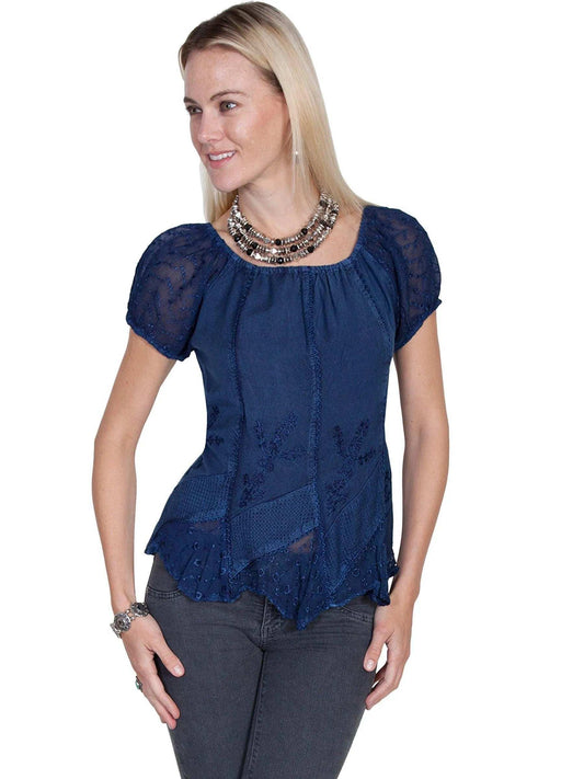 Scully BLUE RAYON ELASTIC SLEEVE BLOUSE - Scully Leather - Flyclothing LLC