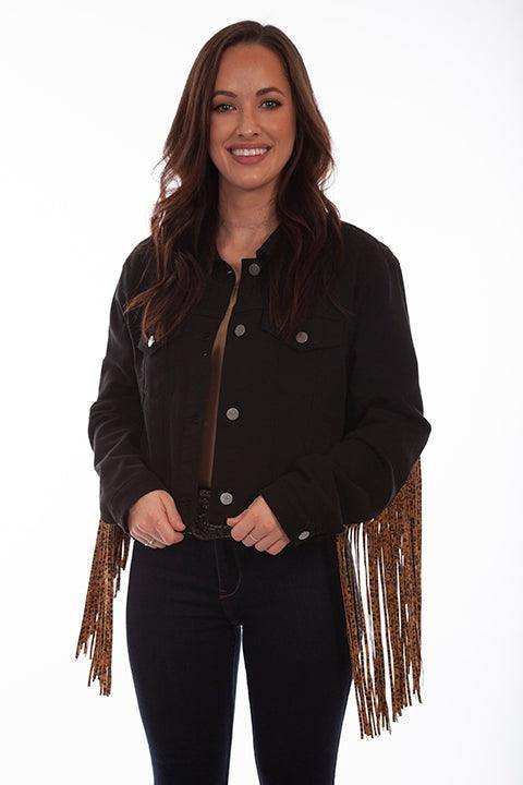 Scully BLACK DENIM JKT W/LEOPARD FRINGE - Scully Leather - Flyclothing LLC