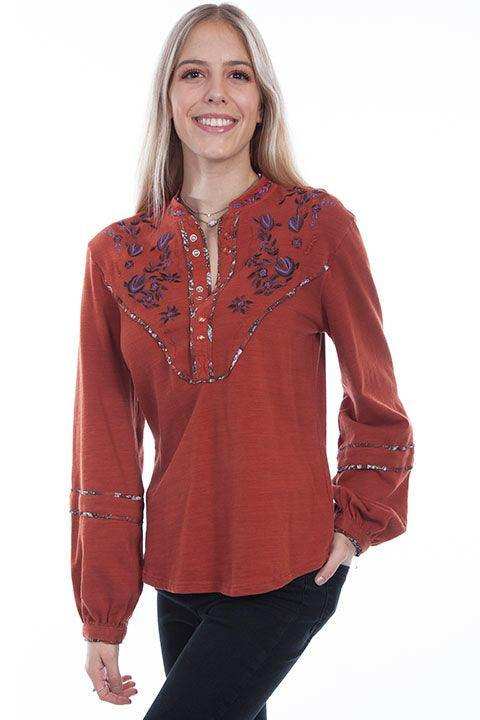 Scully RUST EMBROIDERED YOKE L/S BLOUSE - Scully Leather - Flyclothing LLC