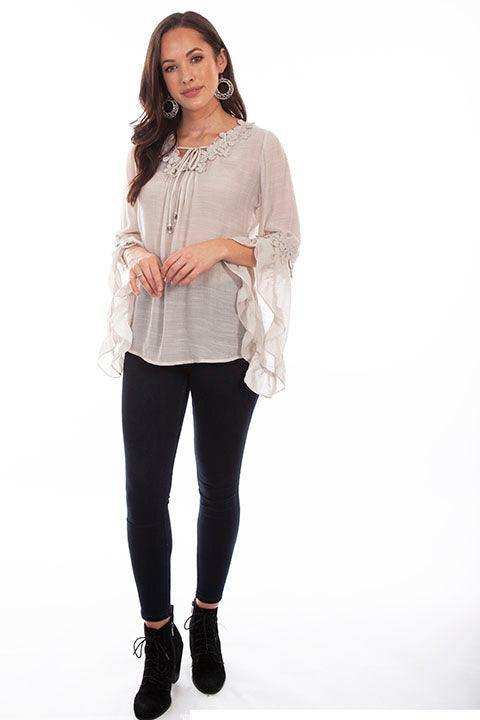 Scully TAN RAGLAN FLORAL CROCHET DETAIL BLOUSE - Scully Leather - Flyclothing LLC