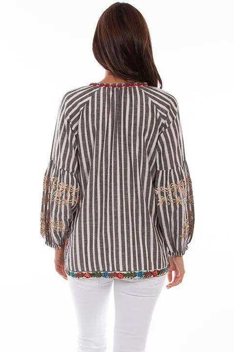 Scully CHARCOAL STRIPE BLOUSE W/FLORAL EMB. - Scully Leather - Flyclothing LLC