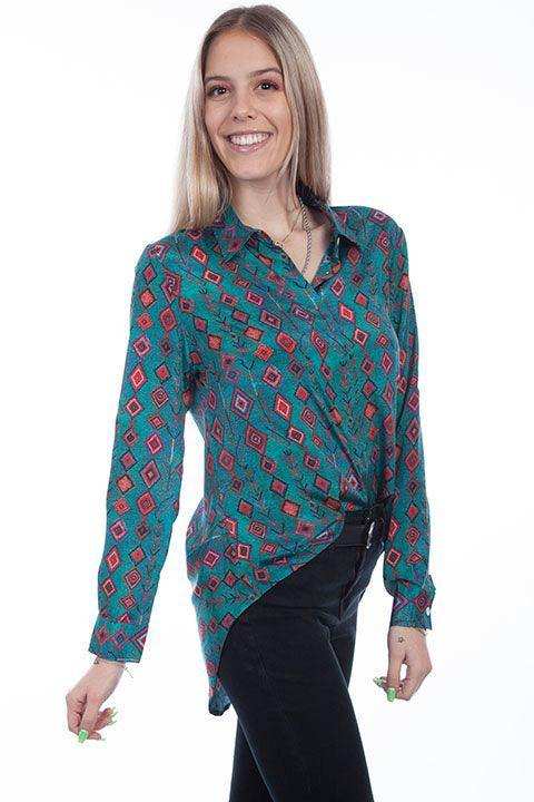 Scully TURQUOISE POLY CREPE BUTTON UP BLOUSE - Scully Leather - Flyclothing LLC