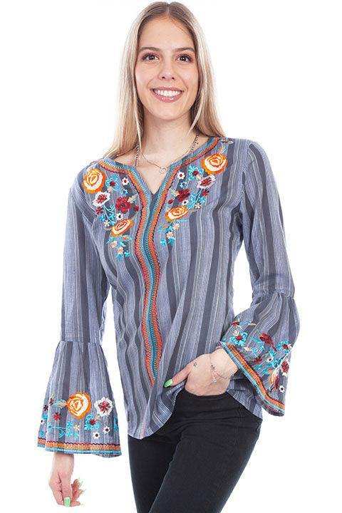 Scully CHARCOAL Y/D STRIPE BLOUSE W/EMBROIDERY - Scully Leather - Flyclothing LLC