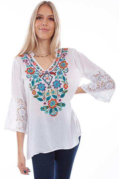 Scully WHITE EMB BLOUSE WITH CROCHET SLEEVES - Scully Leather - Flyclothing LLC
