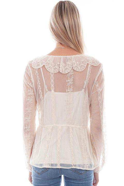 Scully Leather Honey Creek Ivory Embroidered Mesh Tie Front Blouse - Scully Leather - Flyclothing LLC