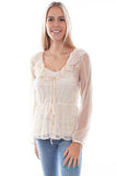 Scully Leather Honey Creek Ivory Embroidered Mesh Tie Front Blouse - Scully Leather - Flyclothing LLC