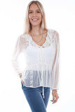 Scully Leather Honey Creek White Embroidered Mesh Tie Front Blouse - Scully Leather - Flyclothing LLC