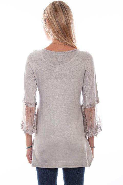 Scully Leather Silver Printed Top W/Tulle Crochet Sleeve - Scully Leather - Flyclothing LLC