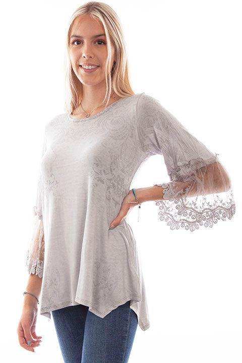 Scully Leather Silver Printed Top W/Tulle Crochet Sleeve - Scully Leather - Flyclothing LLC
