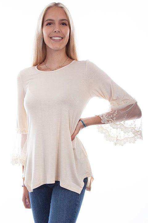 Scully Leather Beige Solid Top W/Tulle Crochet Sleeves - Scully Leather - Flyclothing LLC