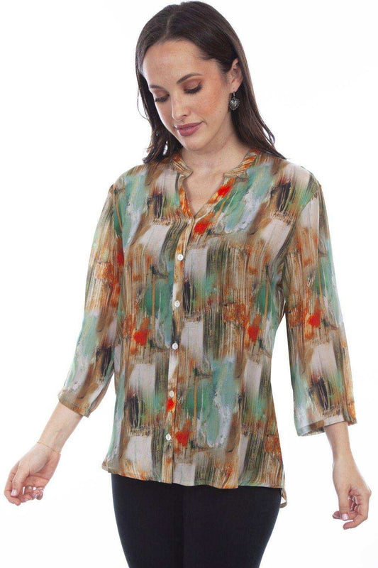 Honey Creek Turquoise Multi Color Print Blouse - Scully Leather - Flyclothing LLC