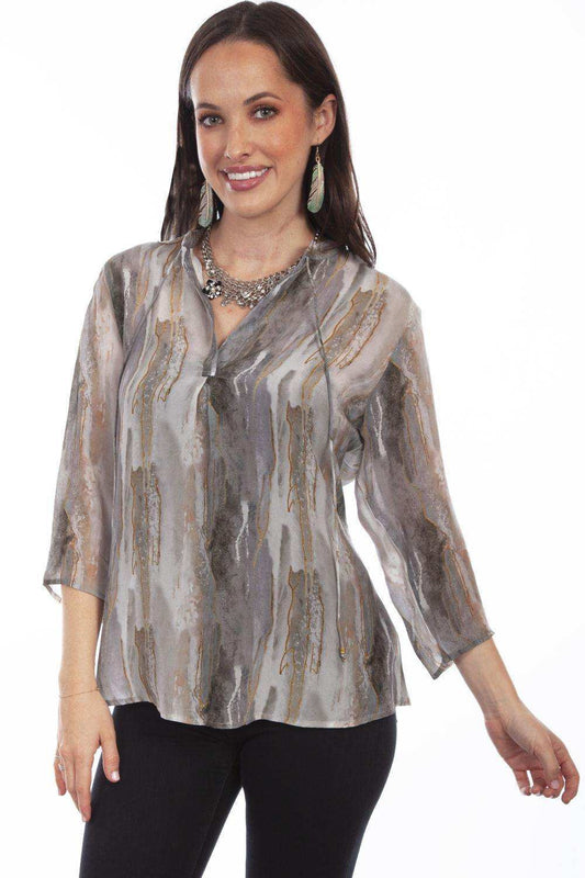 Honey Creek Stone Pull Over Tie Neck Blouse W/Tassle - Scully Leather - Flyclothing LLC