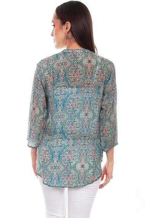 Scully Leather 36% Viscose Turquoise Button Up Print Blouse - Scully Leather - Flyclothing LLC