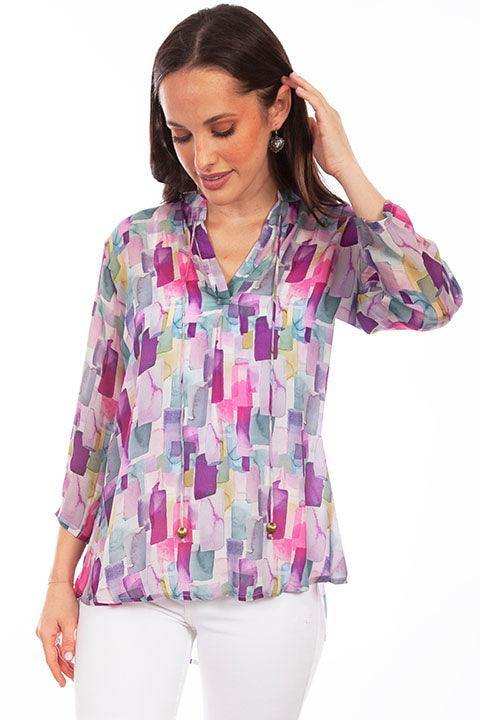 Scully Leather Lavender Pullover Tie Front Print Blouse - Scully Leather - Flyclothing LLC