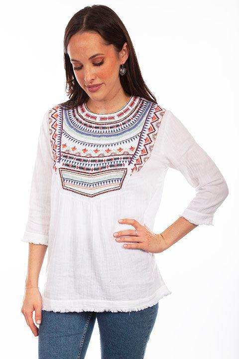 Scully Leather White Embroidered Front Blouse Frayed Hems - Scully Leather - Flyclothing LLC