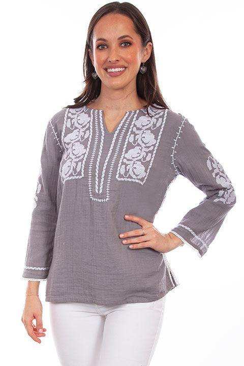 Scully Leather Grey Embroidered Blouse W/Crochet Trim - Scully Leather - Flyclothing LLC