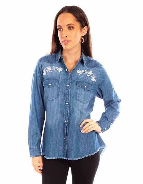 Scully Leather Honey Creek Denim Denim Blouse With Embroidery Yokes - Scully Leather - Flyclothing LLC