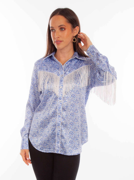Scully Leather Mini Floral Print Blue Blouse with Fringe - Scully Leather - Flyclothing LLC