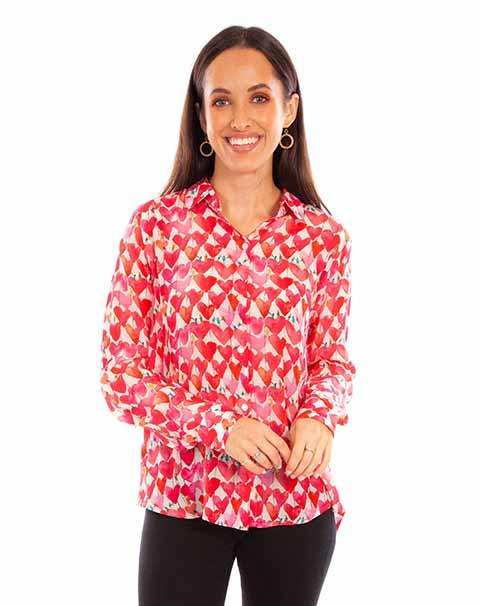Scully Leather Honey Creek Pink Heart Print Button Up Collar Blouse - Scully Leather - Flyclothing LLC