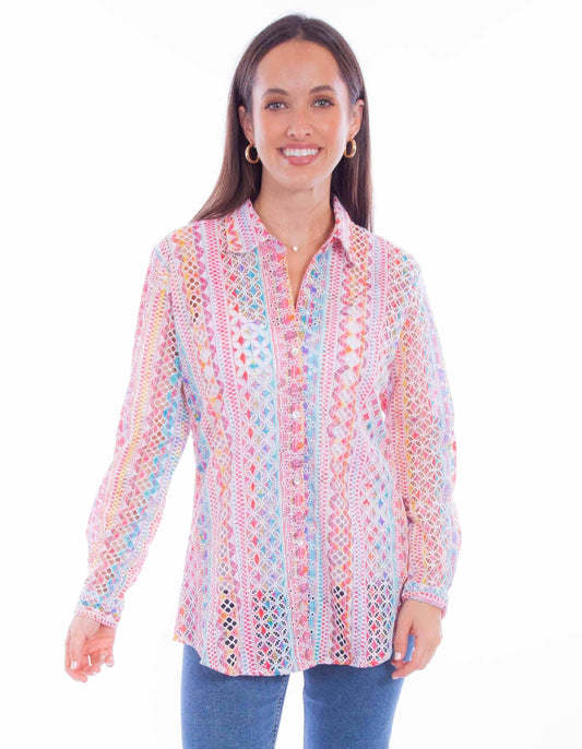 Scully Leather Pink Button-Up Eyelet Blouse - Scully Leather - Flyclothing LLC