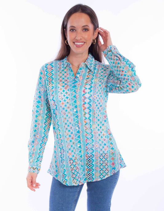 Scully Leather Turqoiuse Button-Up Eyelet Blouse - Scully Leather - Flyclothing LLC