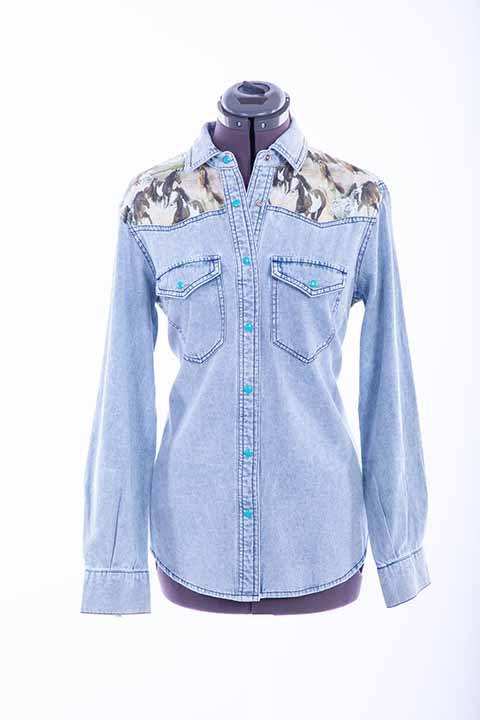 Scully Leather Honey Creek Denim Horse Print Denim Top - Scully Leather - Flyclothing LLC