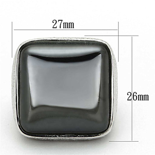 Alamode Rhodium Brass Ring with Semi-Precious Agate in Jet - Alamode - Flyclothing LLC